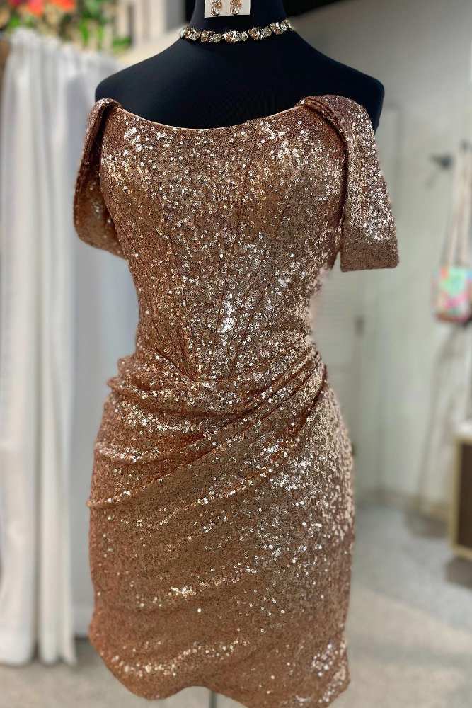 Gold Off the Shoulder Sequin Bodycon Homecoming Dress