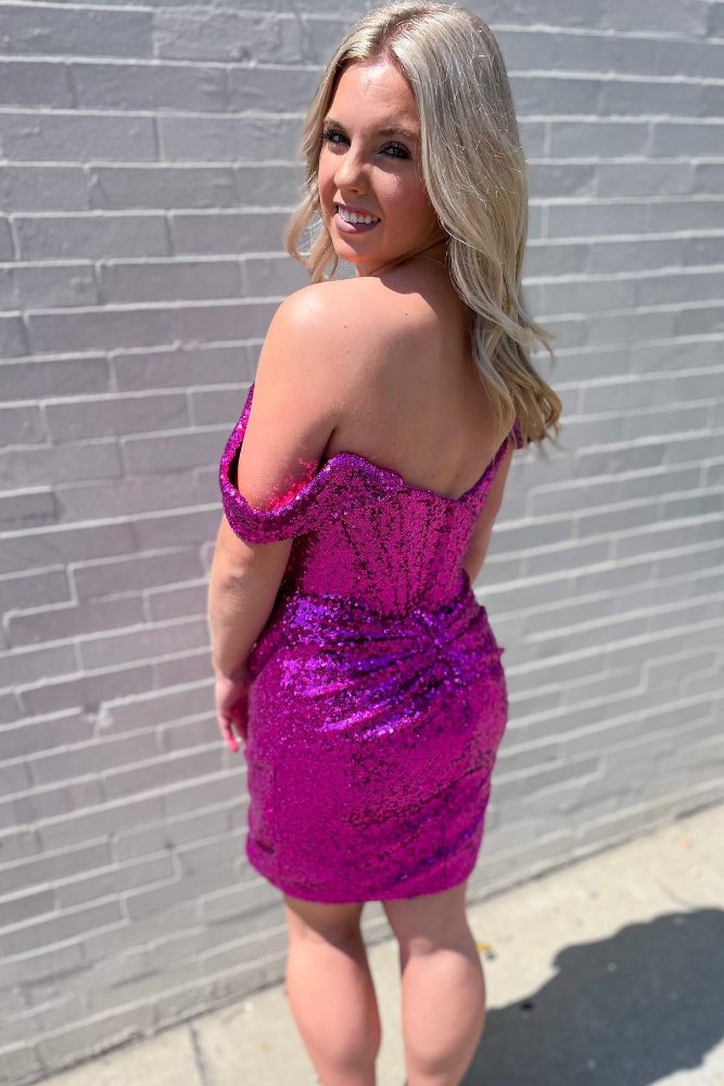 Fuchsia Off the Shoulder Sequin Bodycon Homecoming Dress