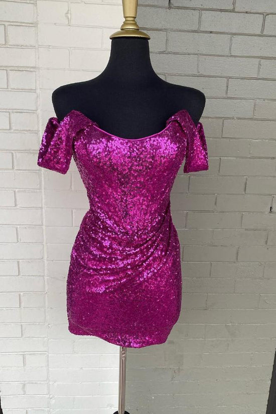 Fuchsia Off the Shoulder Sequin Bodycon Homecoming Dress