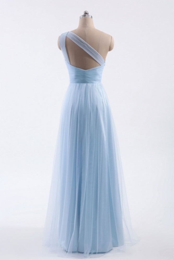 Ice Blue One Shoulder Tulle Bridesmaid Dress