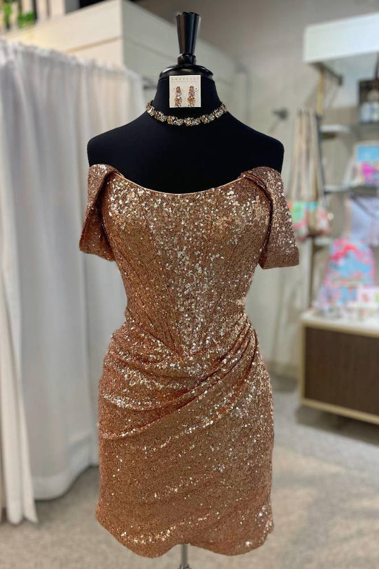 Gold Off the Shoulder Sequin Bodycon Homecoming Dress