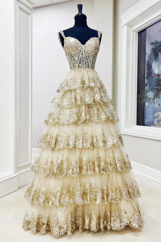 Straps Yellow Sequin Applique Tiered A-Line Prom Dress