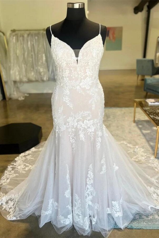 Ivory V-Neck Lace Tight Mermaid Bridal Dress