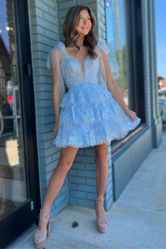 Light Blue Plunging Neck Ruffle Tulle Homecoming Dress