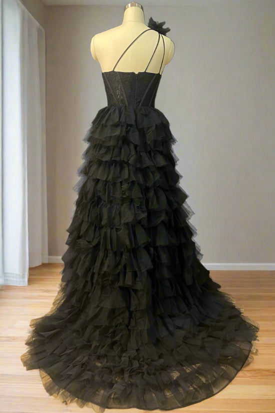 prom dresses black one shoulder Black One Shoulder Lace Multi-Layer Prom Dress with Slit – Movousdress