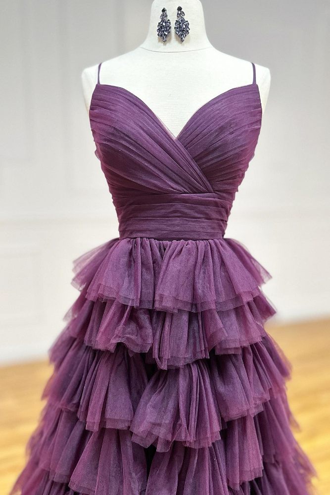 Grape V-Neck Tiered A-Line Prom Dress with Slit