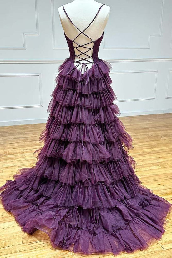 Grape V-Neck Tiered A-Line Prom Dress with Slit