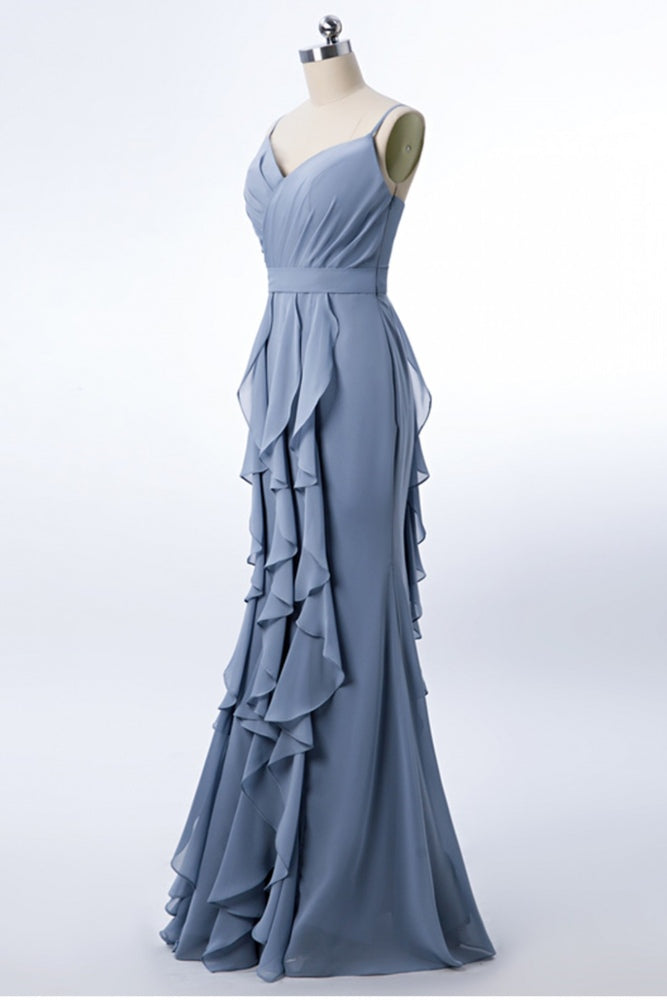 Dusty Blue Straps Ruffle Mermaid Bridesmaid Dress