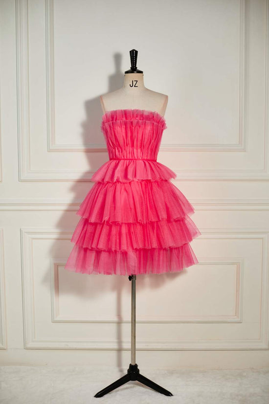 Strapless Watermelon Ruffle A-line Tulle Homecoming Dress