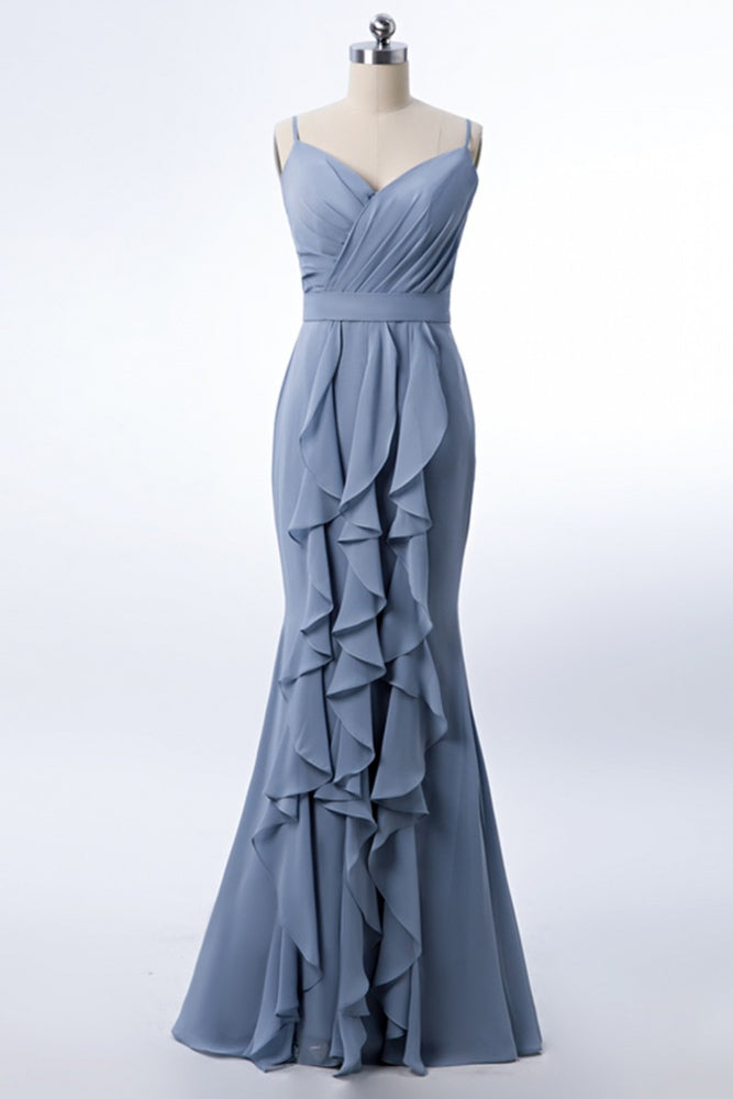 Dusty Blue Straps Ruffle Mermaid Bridesmaid Dress