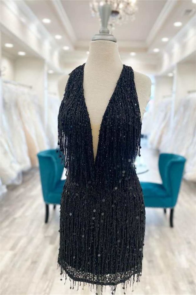 Plunging Neck Black Open Back Homecoming Dress with Tassel