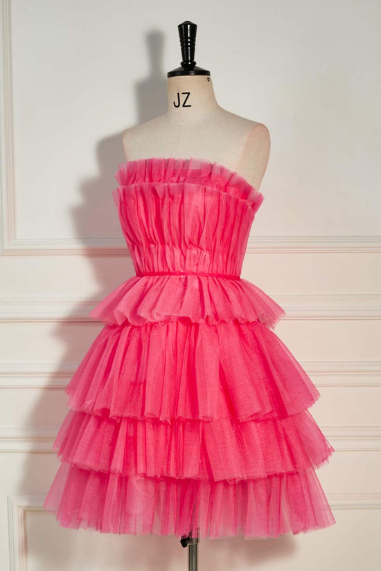 Strapless Watermelon Ruffle A-line Tulle Homecoming Dress