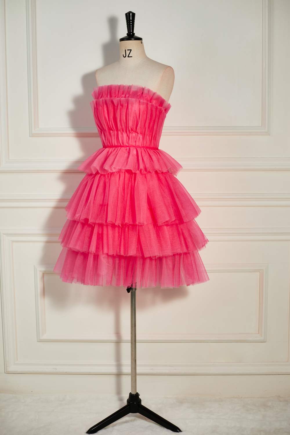 Strapless Watermelon Ruffle A-line Tulle Homecoming Dress