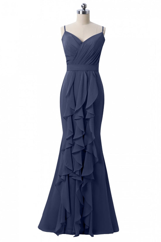 Dark Navy Straps Ruffle Mermaid Bridesmaid Dress