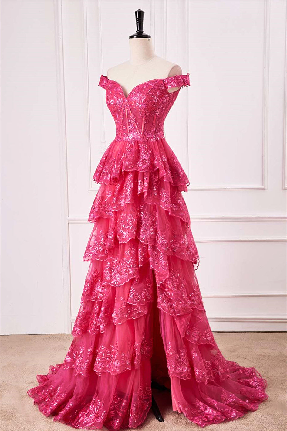 Off-Shoulder Hot Pink Lace Applique Ruffle A-line Slit Long Prom Dress