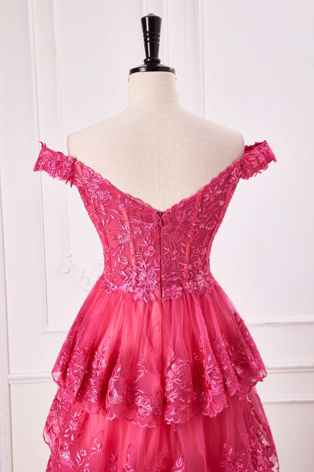 Off-Shoulder Hot Pink Lace Applique Ruffle A-line Slit Long Prom Dress