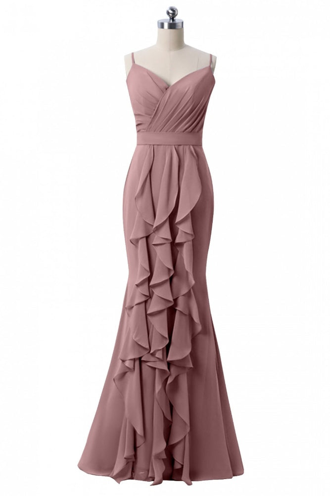 Dusty Pink Straps Ruffle Mermaid Bridesmaid Dress