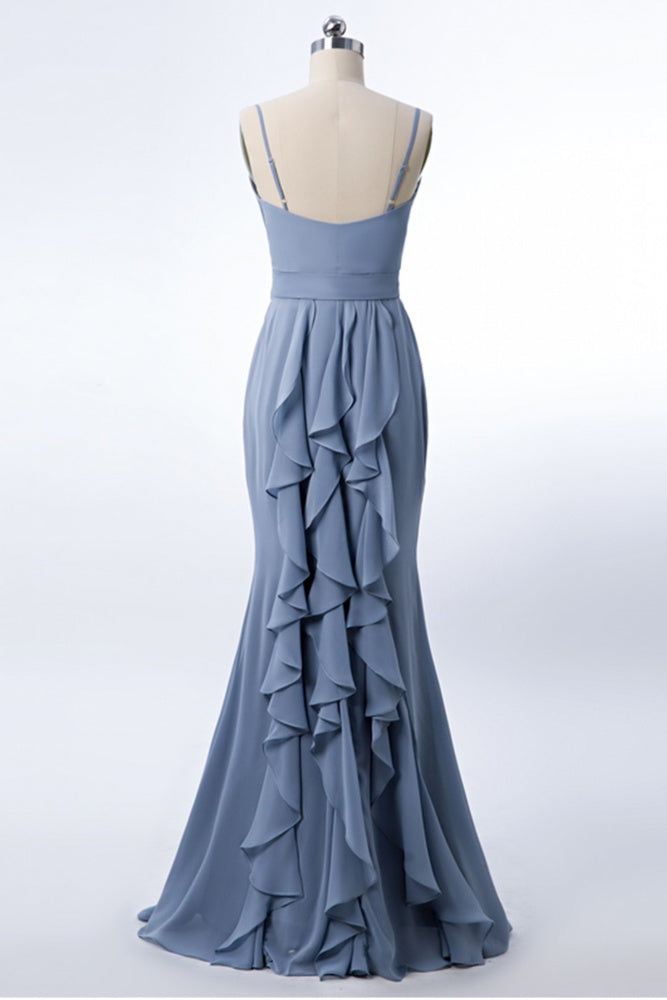 Dusty Blue Straps Ruffle Mermaid Bridesmaid Dress