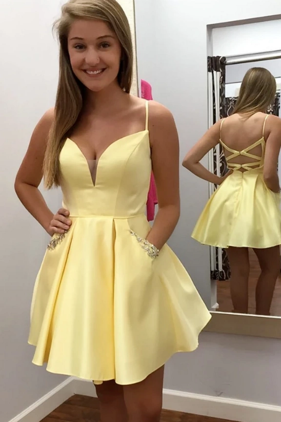 Simple Satin A-Line V-Neck With Pockets Homecoming Dress