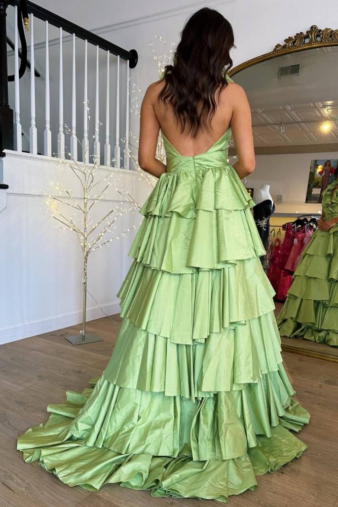 Green Halter Ruffle Tiered A-Line Prom Dress with Slit