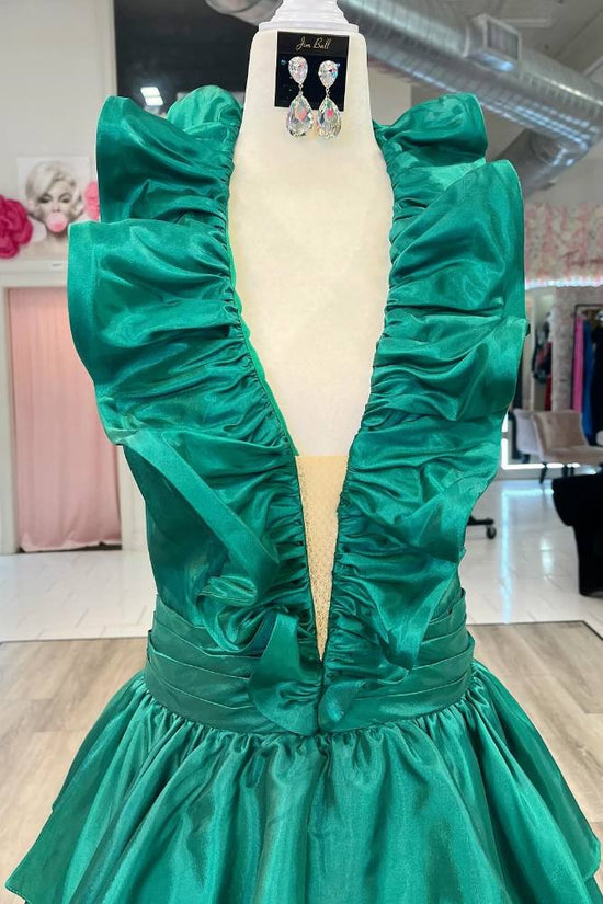 Emerald Green Halter Ruffle Tiered A-Line Prom Dress with Slit