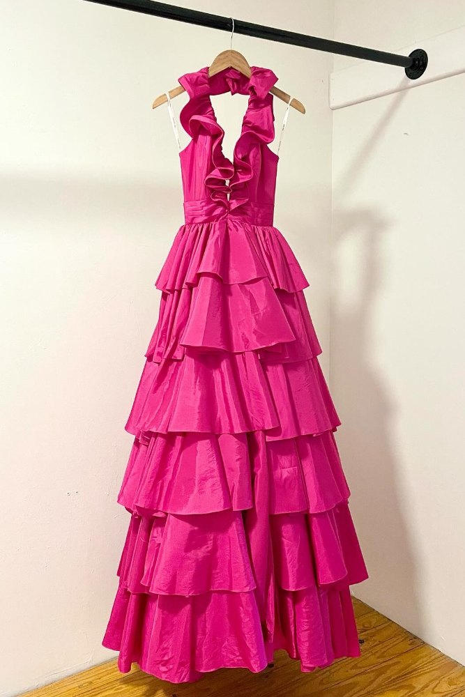 Fuchsia Halter Ruffle Tiered A-Line Prom Dress with Slit