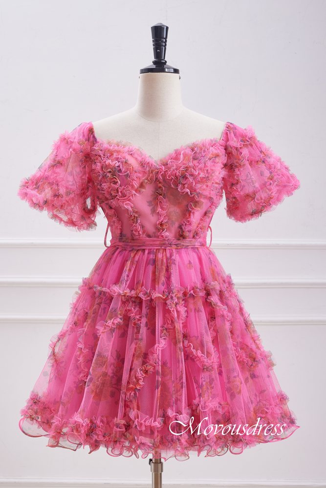 Hot Pink Floral Print Ruffle Homecoming Dress with Bow