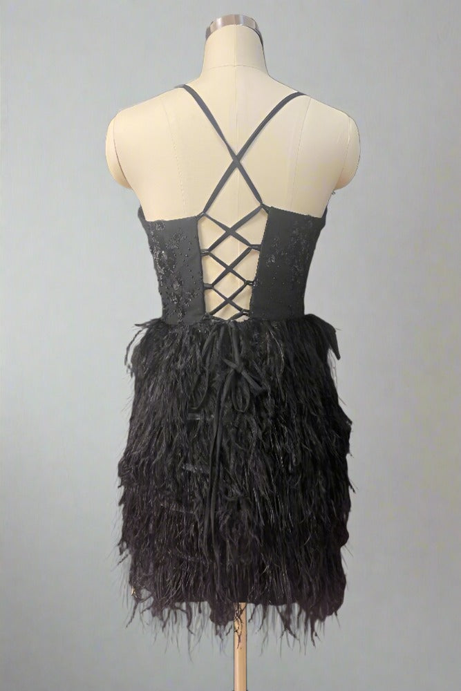 Black Spaghetti Straps V-Neck Homecoming Dress with Feather