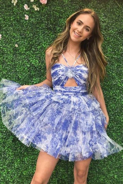 Blue Floral Print Halter Tulle Ruffle Homecoming Dress