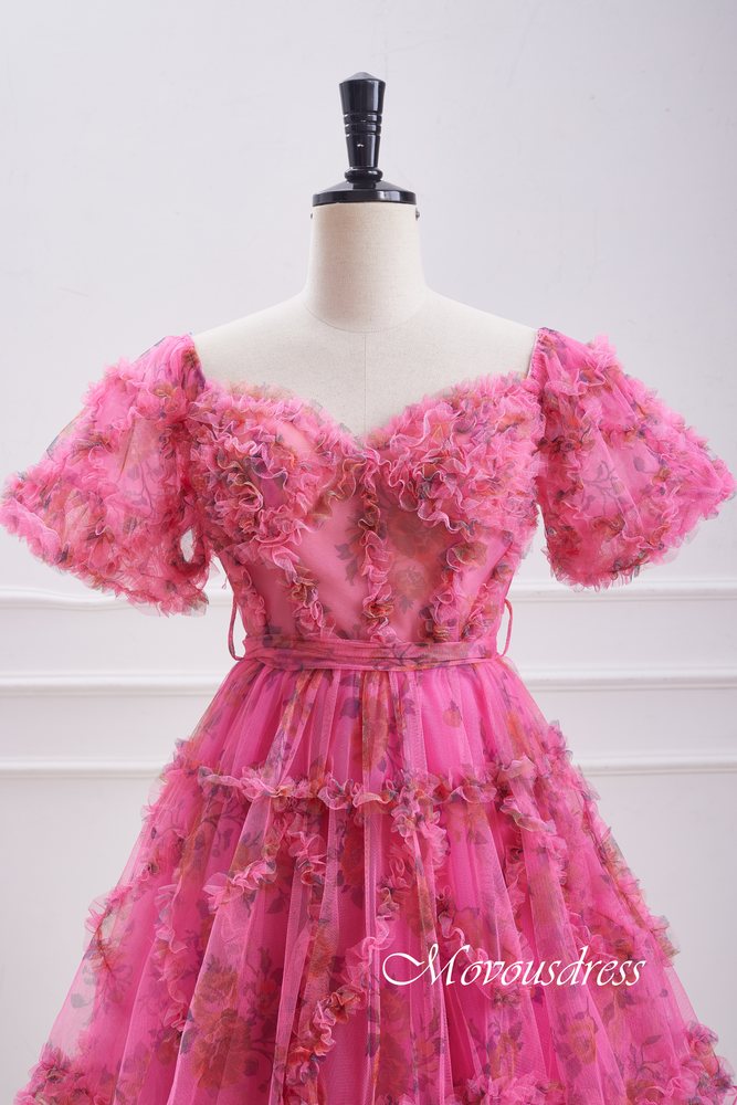 Hot Pink Floral Print Ruffle Homecoming Dress with Bow