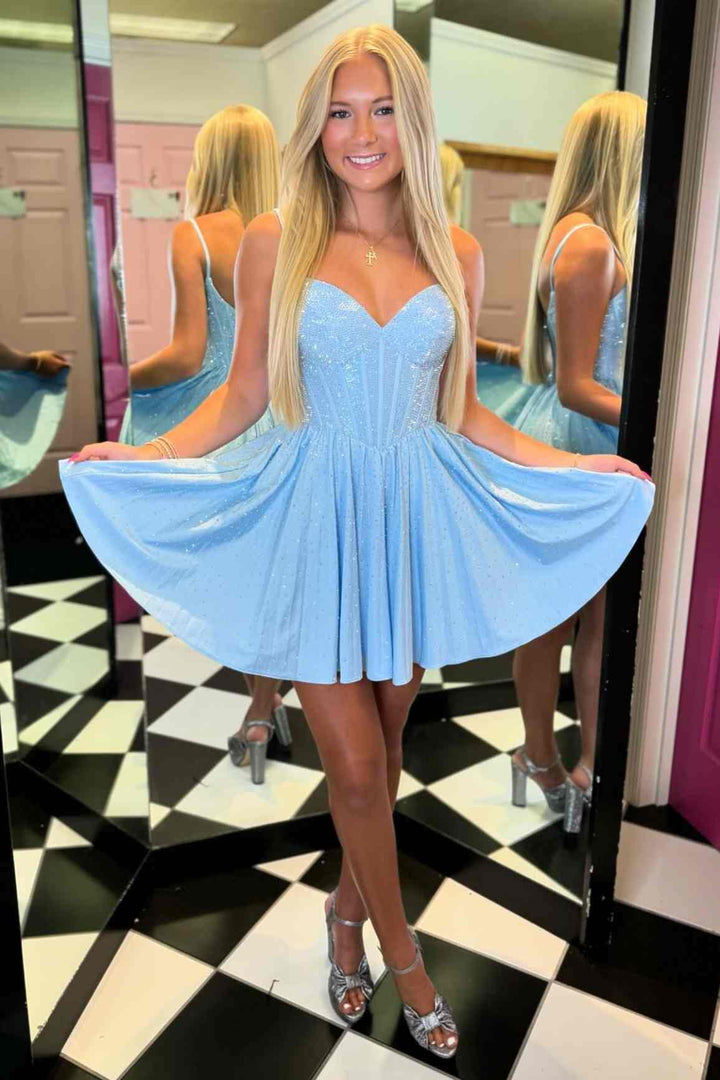 Light Blue V-Neck Beaded A-Line Homecoming Dress