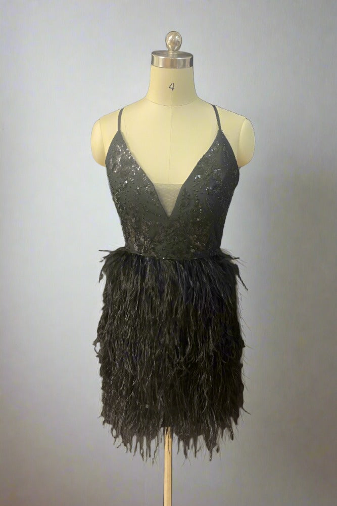 Black Spaghetti Straps V-Neck Homecoming Dress with Feather