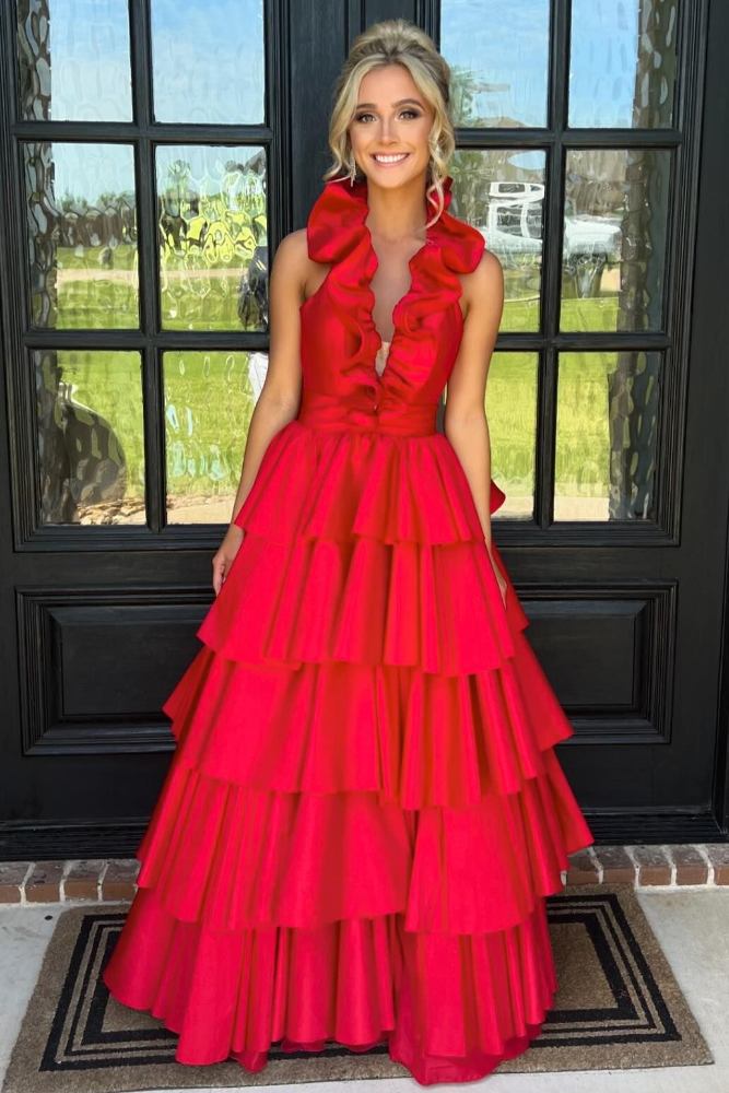 Red Halter Ruffle Tiered A-Line Prom Dress with Slit