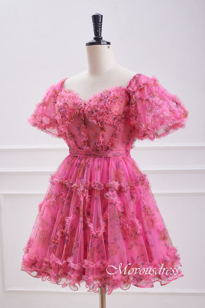 Hot Pink Floral Print Ruffle Homecoming Dress with Bow