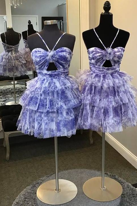 Blue Floral Print Halter Tulle Ruffle Homecoming Dress