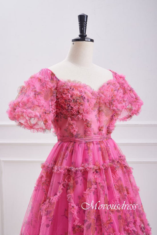 Hot Pink Floral Print Ruffle Homecoming Dress with Bow