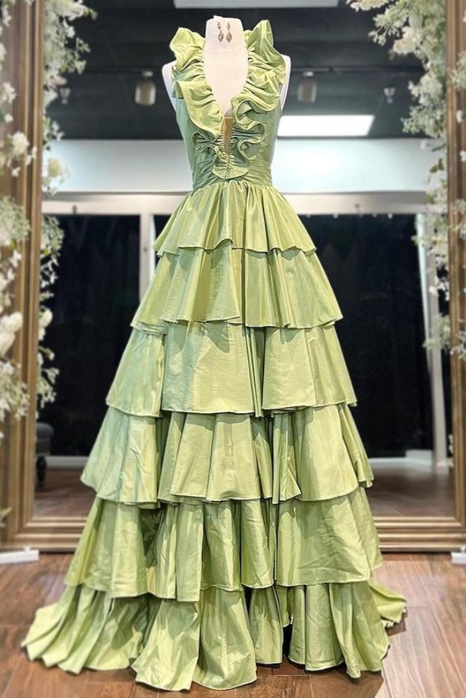 Green Halter Ruffle Tiered A-Line Prom Dress with Slit