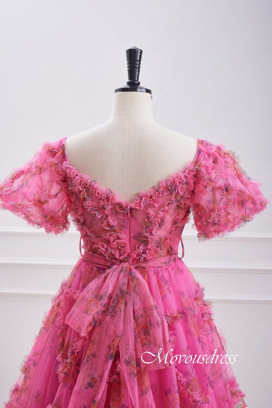 Hot Pink Floral Print Ruffle Homecoming Dress with Bow