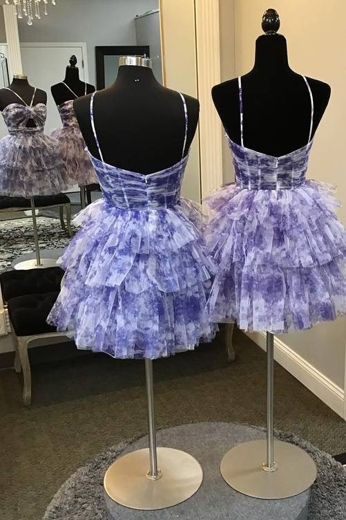 Blue Floral Print Halter Tulle Ruffle Homecoming Dress