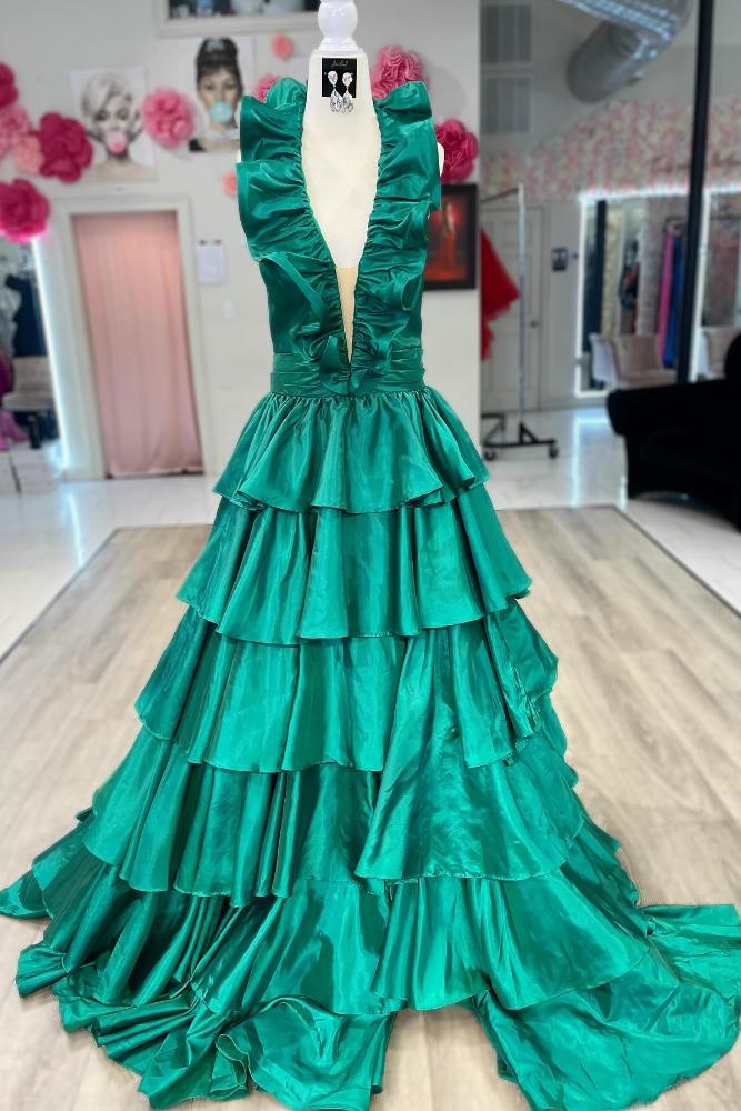 Emerald Green Halter Ruffle Tiered A-Line Prom Dress with Slit