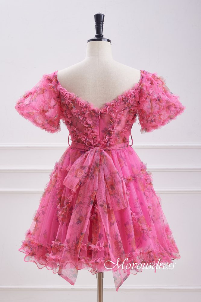 Hot Pink Floral Print Ruffle Homecoming Dress with Bow