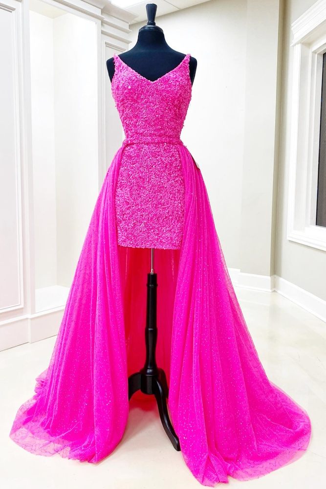 Hot Pink V-Neck Sequin Prom Dress with Detachable Train