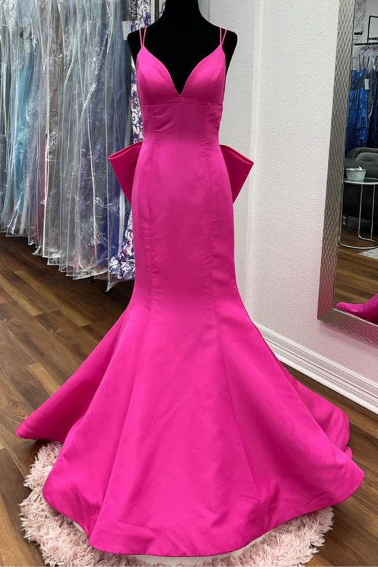 Hot Pink V-Neck Mermaid Prom Dress with Bow