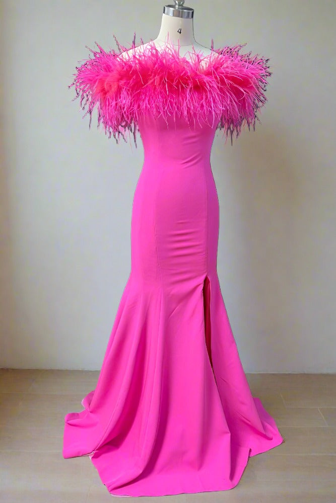 Hot Pink Tight Mermaid Slit Mermaid Prom Dress with Feather