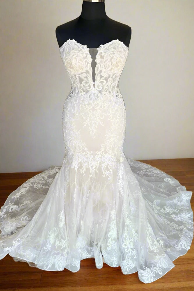 White Strapless Lace Bodycon Mermaid Bridal Dress