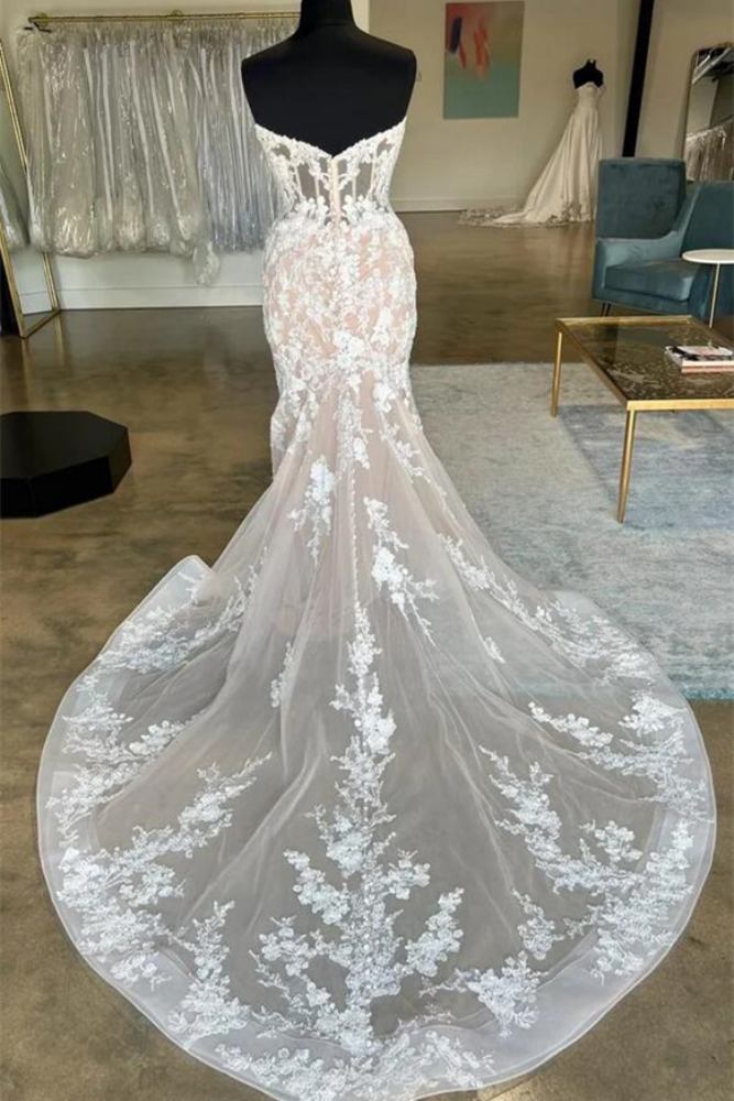 White Strapless Lace Bodycon Mermaid Bridal Dress – Movousdress