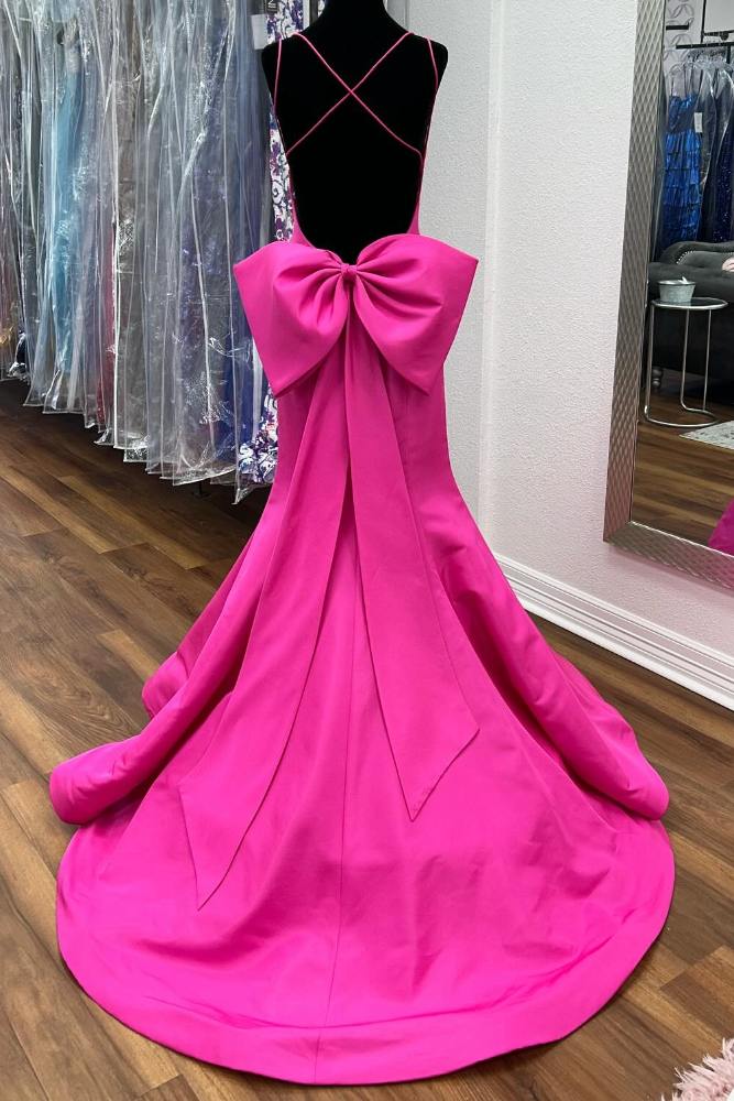 Hot Pink V-Neck Mermaid Prom Dress with Bow