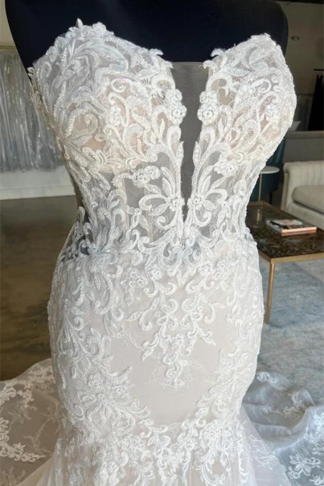 White Strapless Lace Bodycon Mermaid Bridal Dress