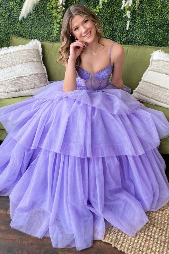 Lavender Straps Applique Beading Tiered Tulle Prom Dress