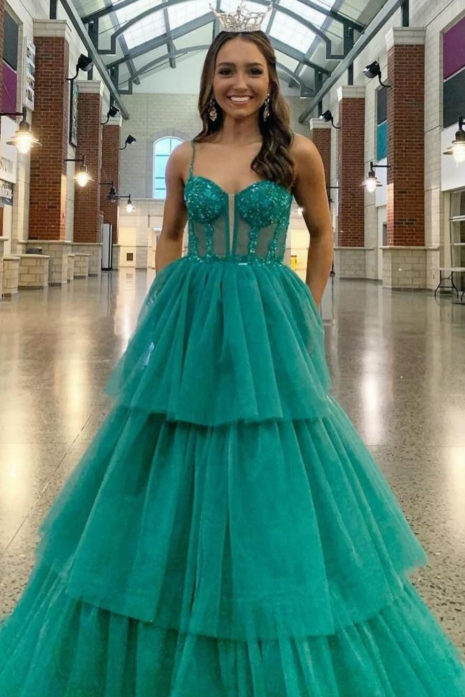 Green Straps Applique Beading Tiered Tulle Prom Dress